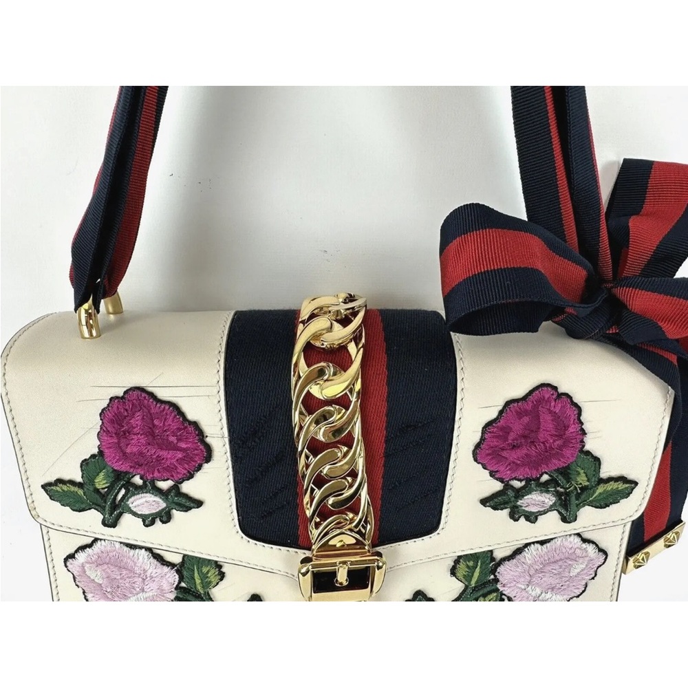 SOLD-Gucci Sylvie Leather Shoulder Bag White Embroidered Web Strap 10"x6.5" - Picture 9 of 15